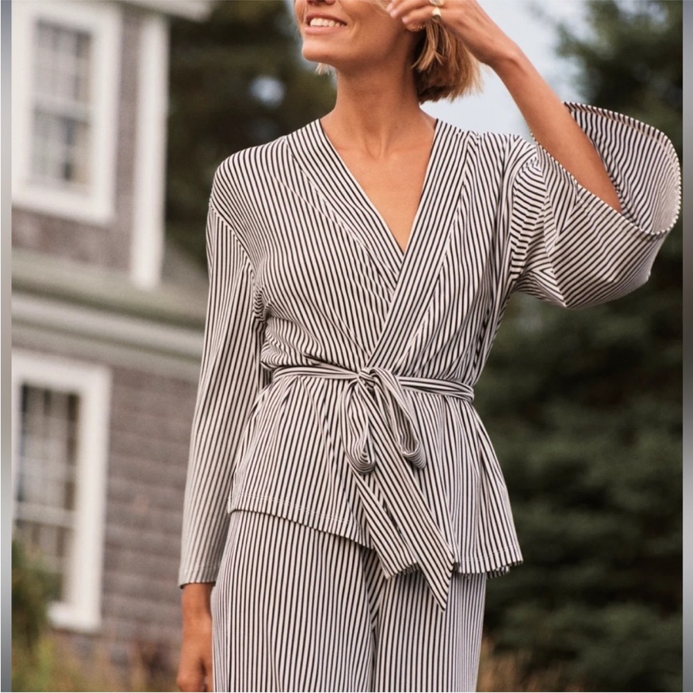 Lake DreamModal™ Kimono Pajama Set in Black and White pencil stripes
